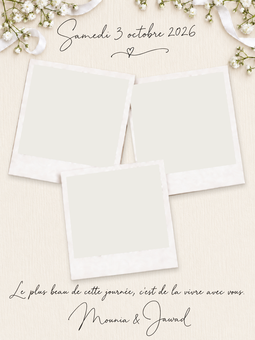 Votre souvenir du mariage : trois Polaroids, fleurs blanches sur papier crépon ivoire et la signature de Mounia et Jawad
